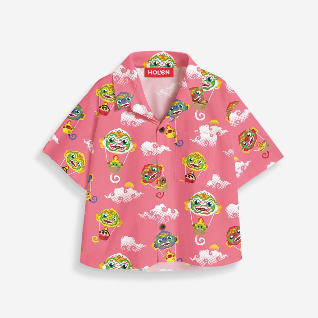 Hawaii Shirt Kids - Hanuman Happy Ballon Pink (เสื้อฮาวายเด็ก - หนุมานกับบอลลูนแห่งความสุข สีชมพู)